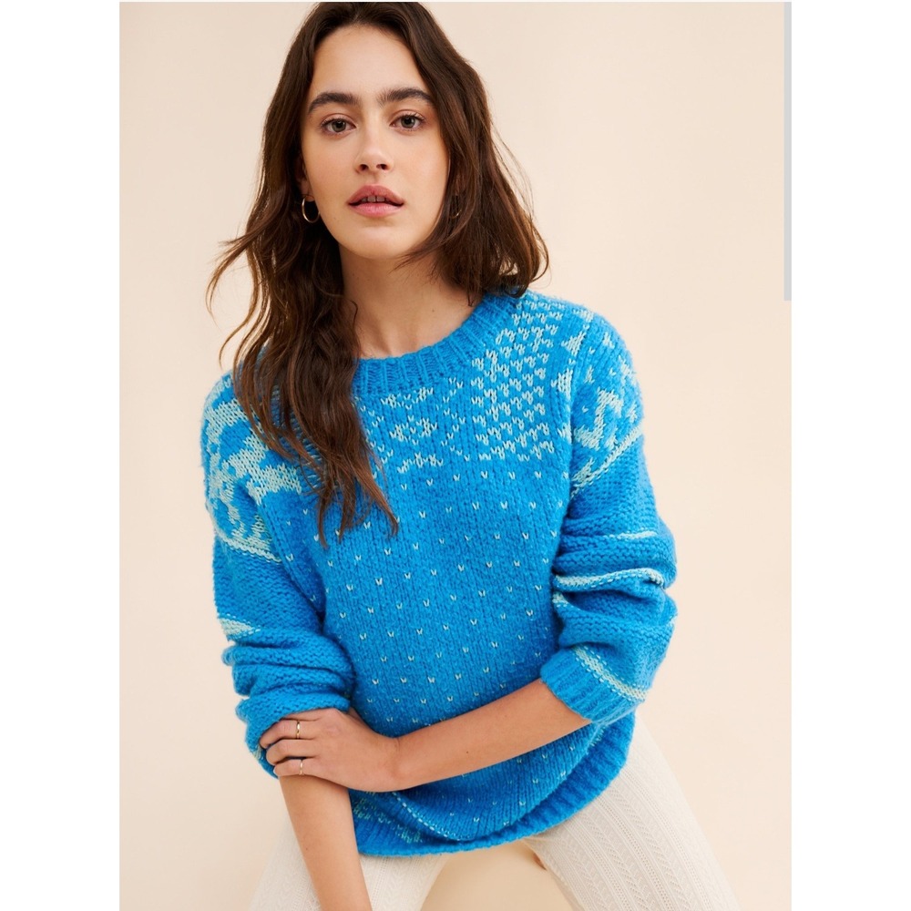 Free People Snow Day Pullover Sweater Frozen Lake‎ Combo Blue Fair Isle XS